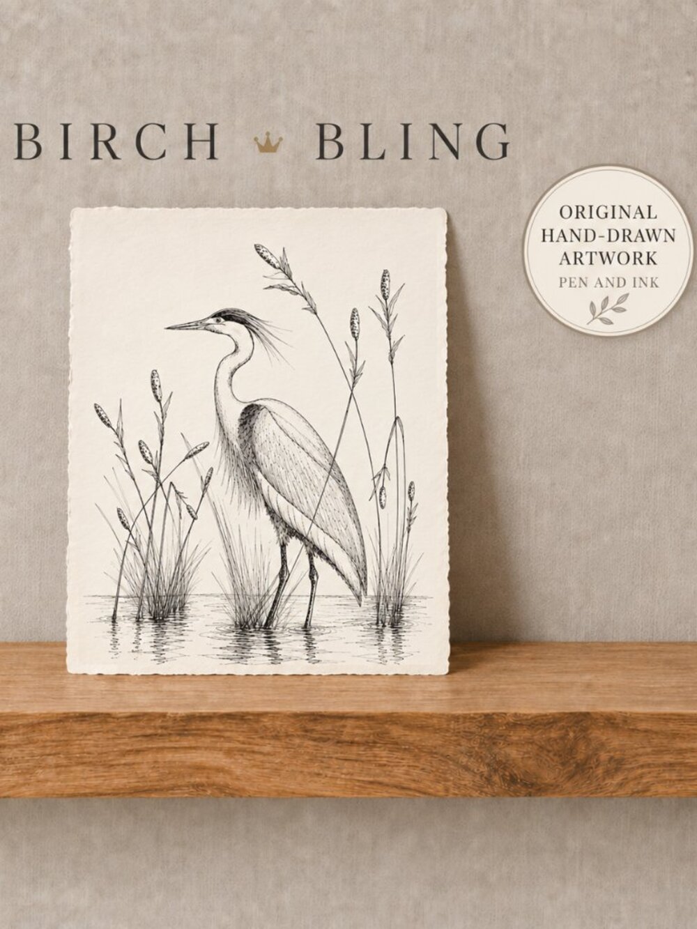 NEW Blue Heron Pen & Ink Art Print 8x10 | Birch & Bling Original